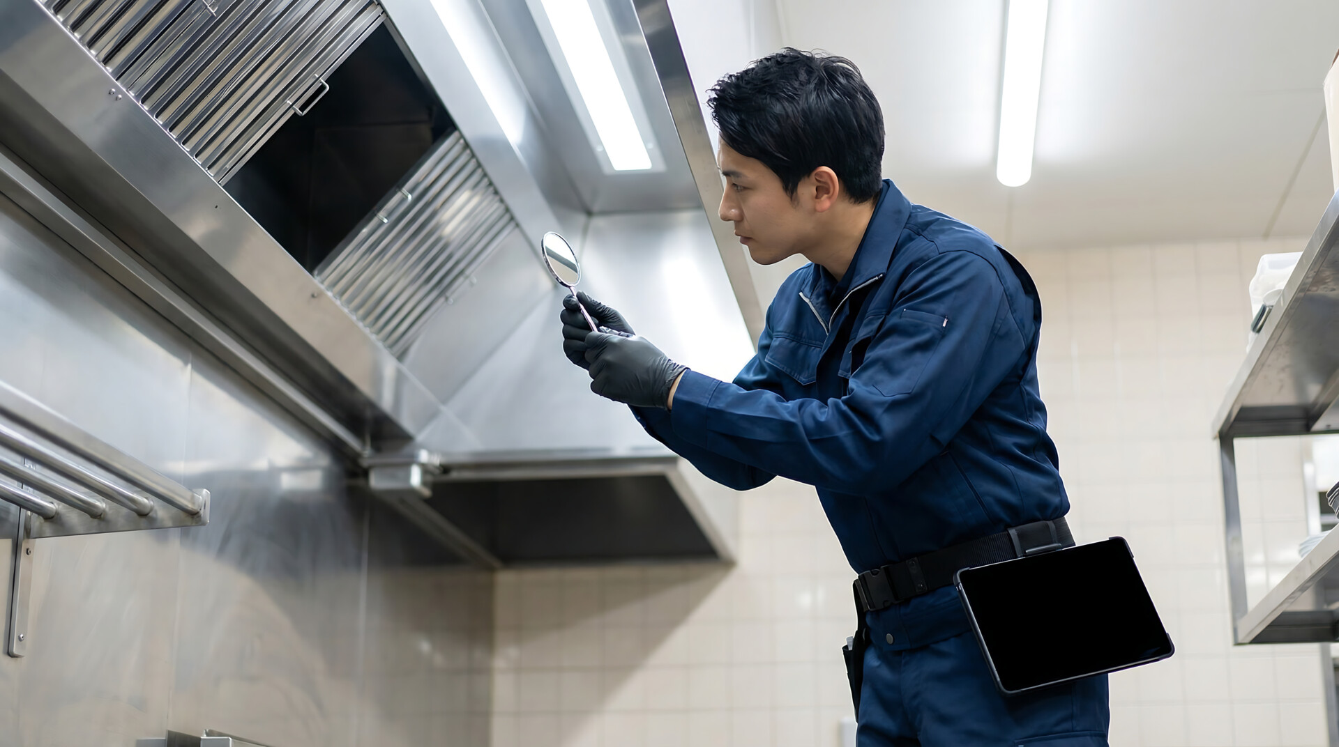 Techniker bei der Inspektion einer Lüftungsanlage in der Gastronomie zur Kontrolle und Wartung. 