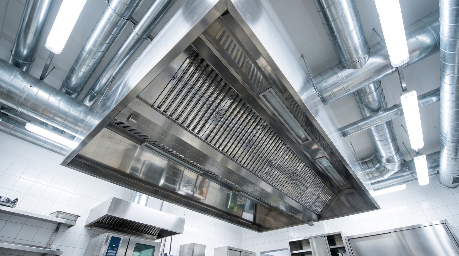 Lüftungsanlage Gastronomie mit gereinigter Küchenabluft und Dunstabzugshaube in einer professionellen Grossküche.